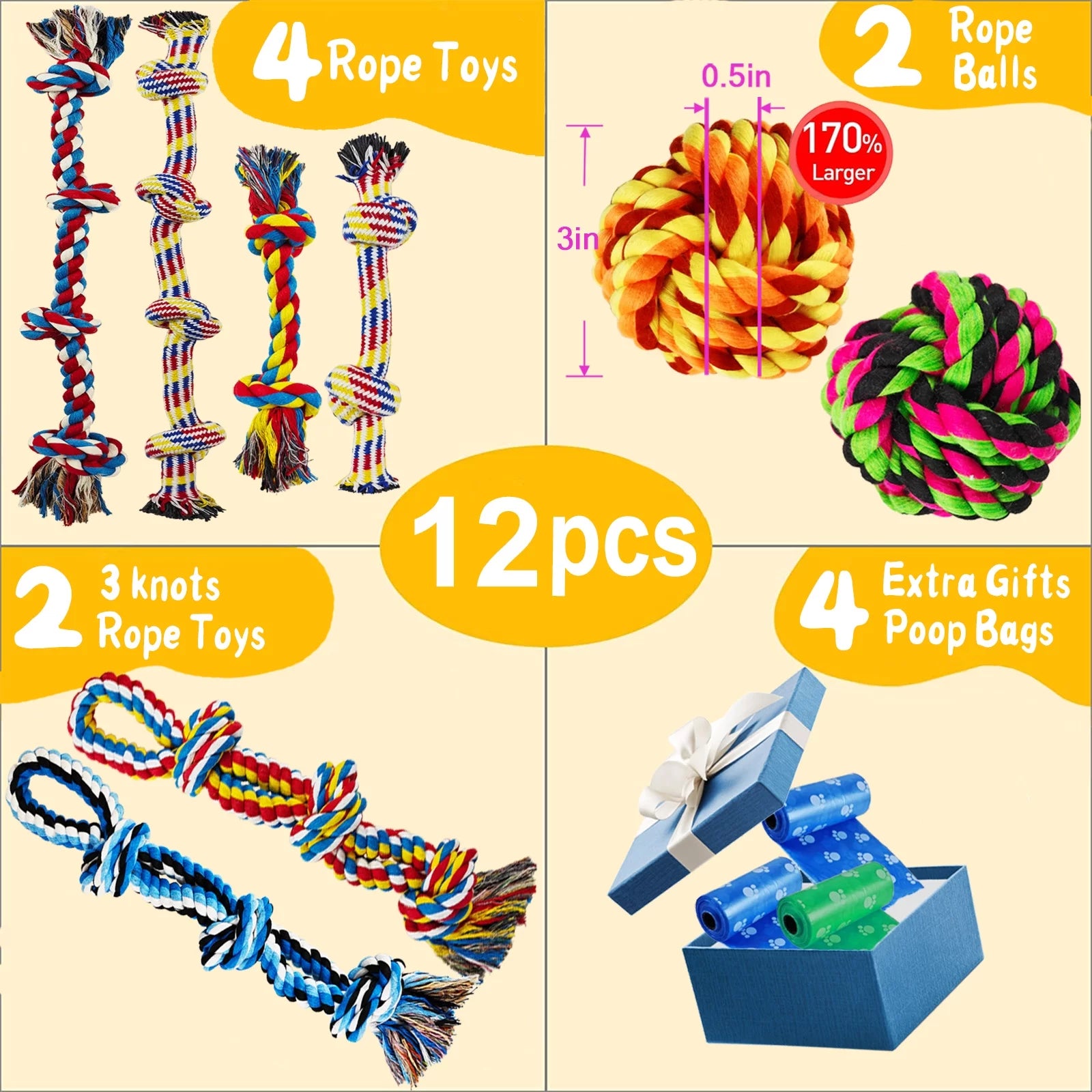 Large Dog Chew Toys for Aggressive Chewers, 12 Pack Indestructible Dog Rope Toys for Large Breeds, Heavy Duty Dental Cotton Rope Dog Toys, Puppy Teething Chew Toys, Tug of War Dog Toy